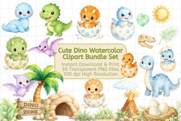 Adorable Watercolor Dino PNG Bundle