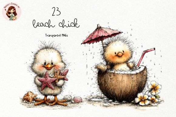 Beach Chick Watercolor PNG Clipart Set