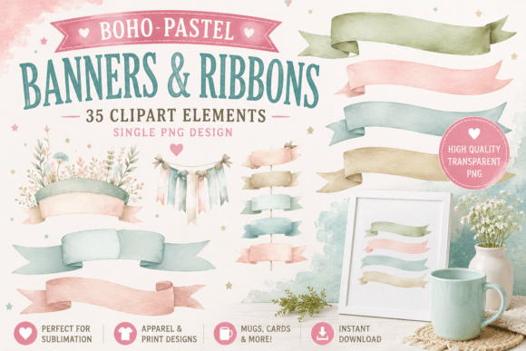 Boho Spring Pastel Banners Ribbons: Elevating Digital Craft with Whimsical Charm