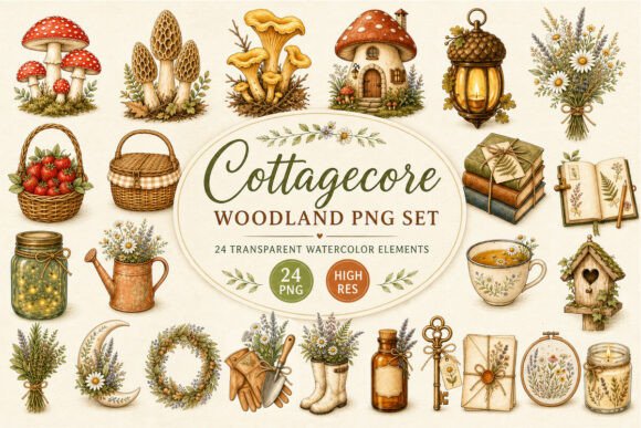 Cottagecore Woodland Clipart PNG: Elevating Digital Design with Rustic Charm