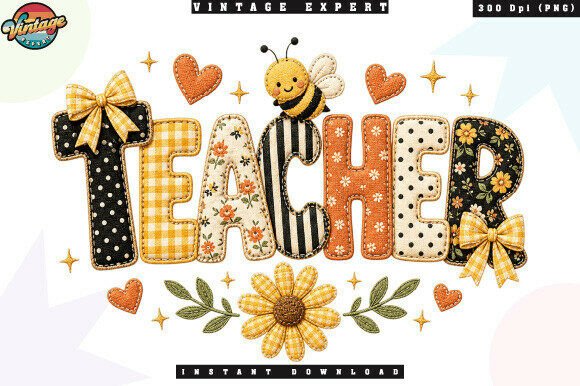 Elevating Educator Style with the Floral Teacher Bee Patchwork PNG