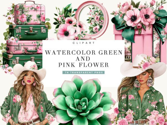 Evaluating Watercolor Green and Pink Flower Clipart for Design Projects