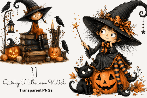 Quirky Halloween Witch PNG Clipart Set