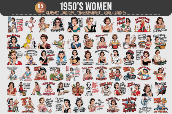 Unlocking Creative Potential with 1950’s Women Clipart – 65 PNGs for Modern Design Projects
