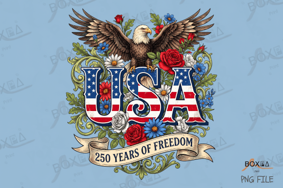 USA Floral Eagle 250 Years Freedom PNG: Celebrating America’s Semiquincentennial with Retro Style