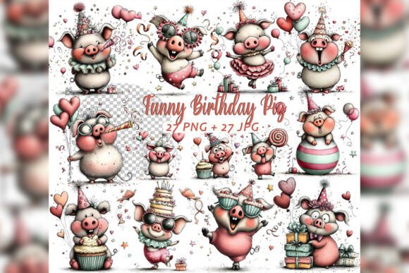 Whimsical Birthday Pig Clipart Set