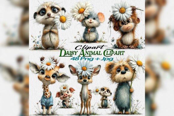 Whimsical Daisy Animal Clipart PNG Set: Elevate Your Creative Projects with Floral Charm