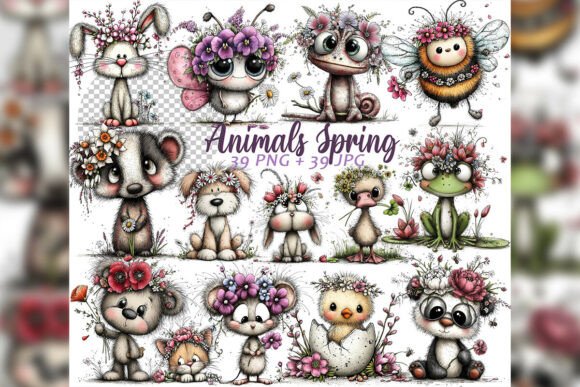 Whimsical Floral Animals Spring Clipart