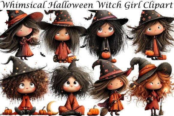 Whimsical Halloween Witch Girl Clipart